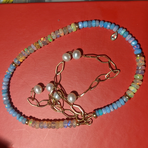 14k Yellow Gold Opals & Blue Opal Pearl Link Necklace with Moonstone Charm - Picture 13 of 16